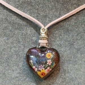Handmade Purple Glitter Heart Pendant Necklace with Floral Detail
